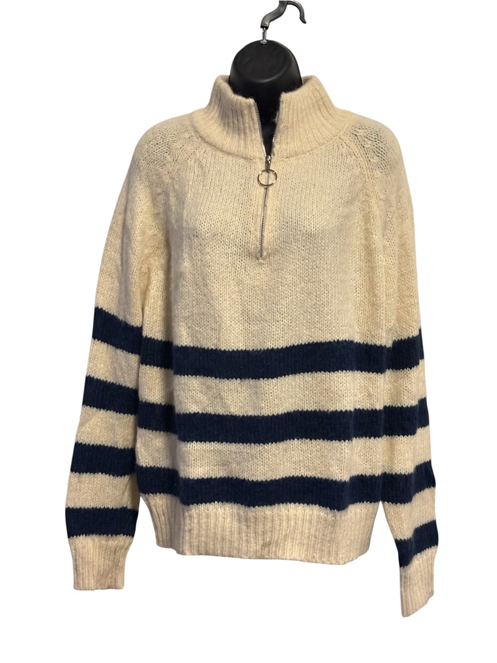 Ikoone & Bianka Cream and Navy Striped Half-Zip Sweater NWT